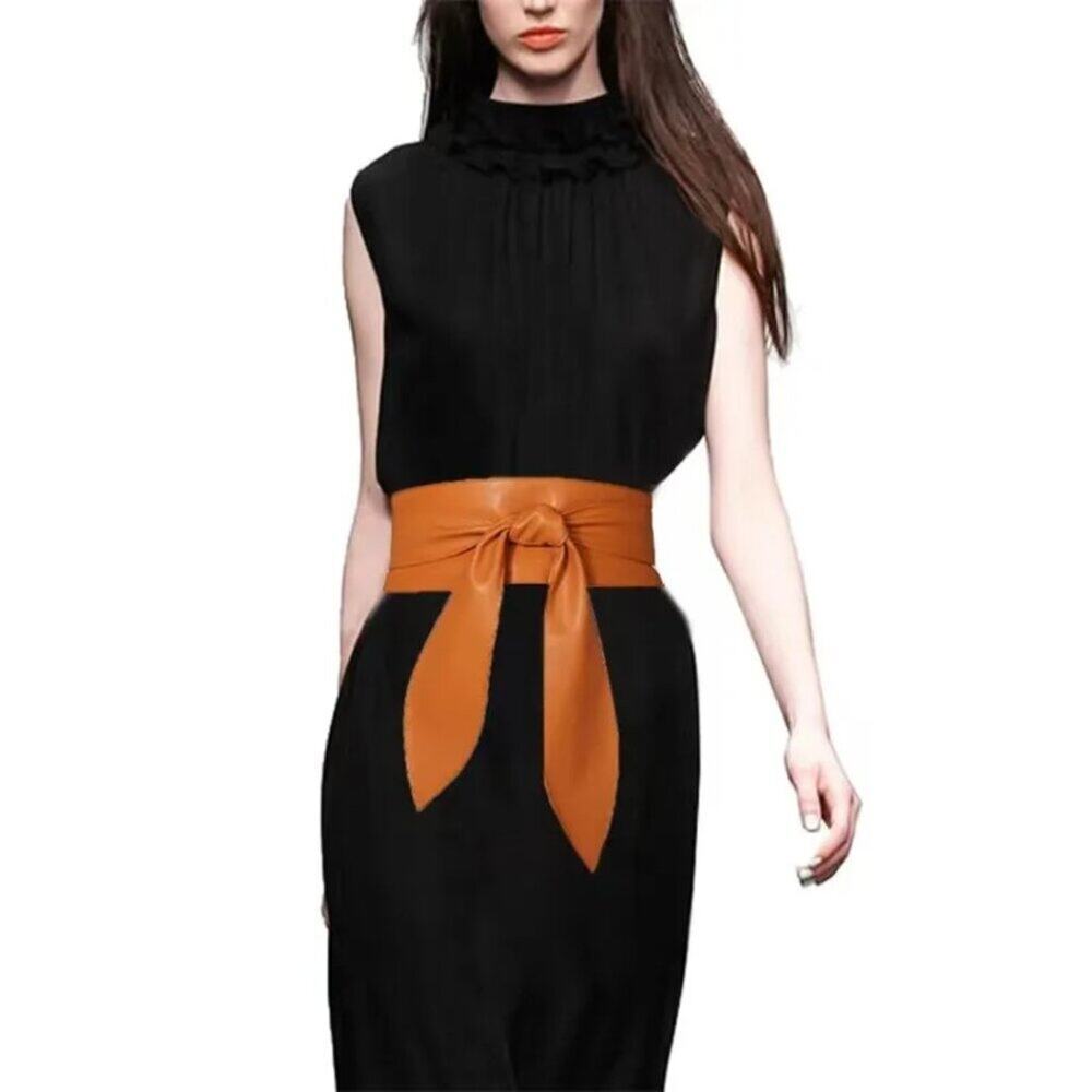 Wide Tan Obi Belt with Bow Accent